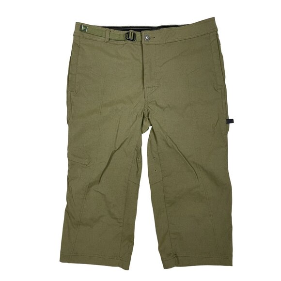 prAna Cropped Womens Pants Large Belted Outdoor Hiking Dark Khaki - Picture 1 of 7
